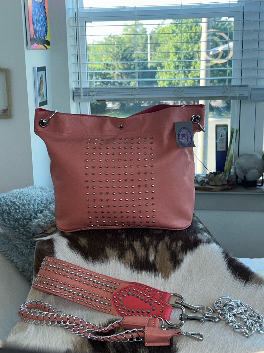 Sharif Silver Studded Coral Tote Bag with Dual Chain Straps 17”x 6.5”x 12.5” NWT - Picture 3 of 14